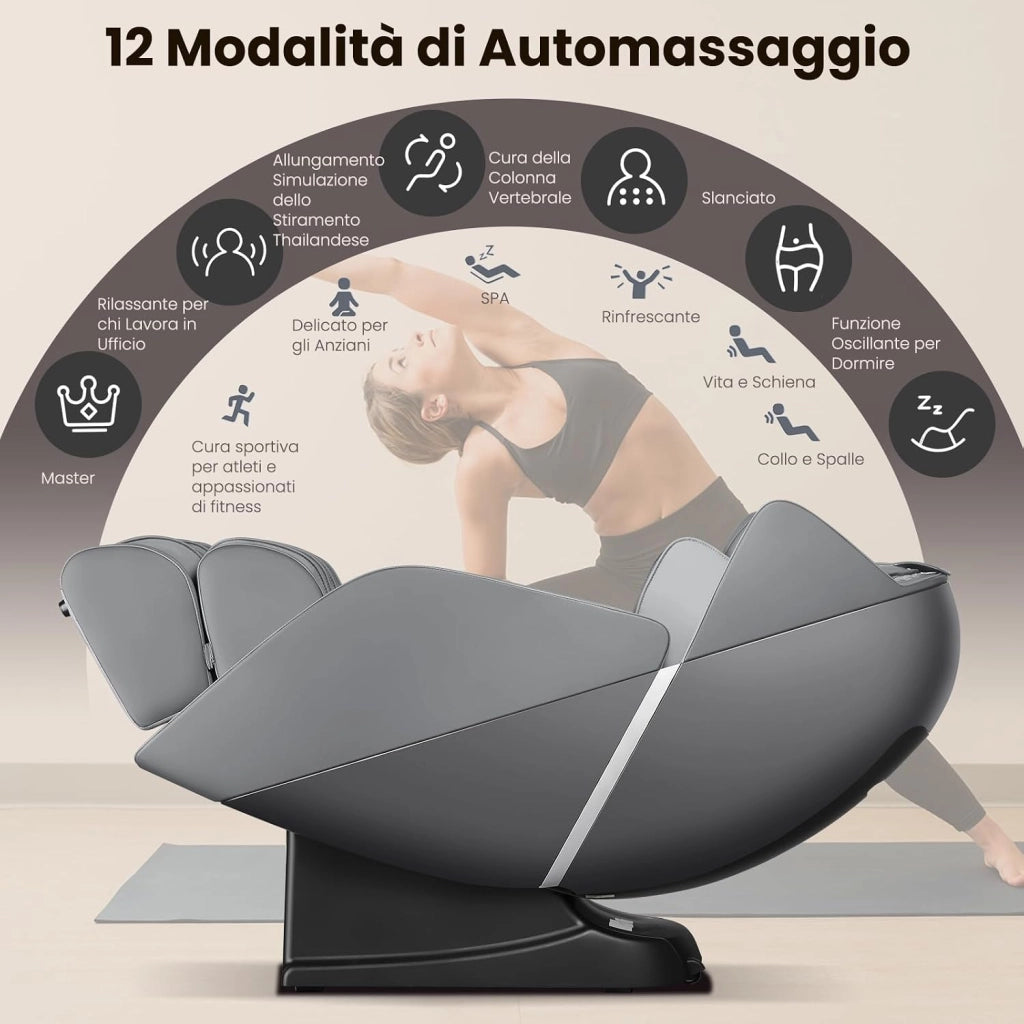 Poltrona Massaggiante, Sedia da Massaggio con 12 Modalità, 6 Tecniche di Massaggio, Stretch Thailandese e Guida SL, Poltrona Relax con Telecomando per Tutto il Corpo (Grigio)