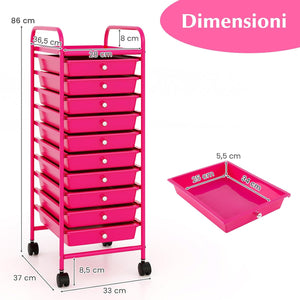Carrello con 10 Cassetti da Stoccaggio, Cassettiera di Metallo e Plastica, Contenitore Multiuso con Ruote a Freno, per Casa e Ufficio (Rosa)