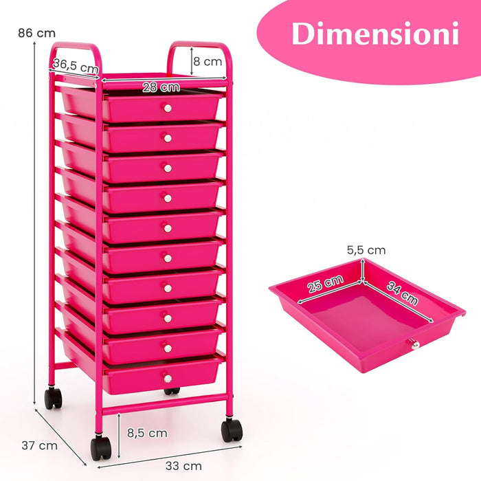 Carrello con 10 Cassetti da Stoccaggio, Cassettiera di Metallo e Plastica, Contenitore Multiuso con Ruote a Freno, per Casa e Ufficio (Rosa)