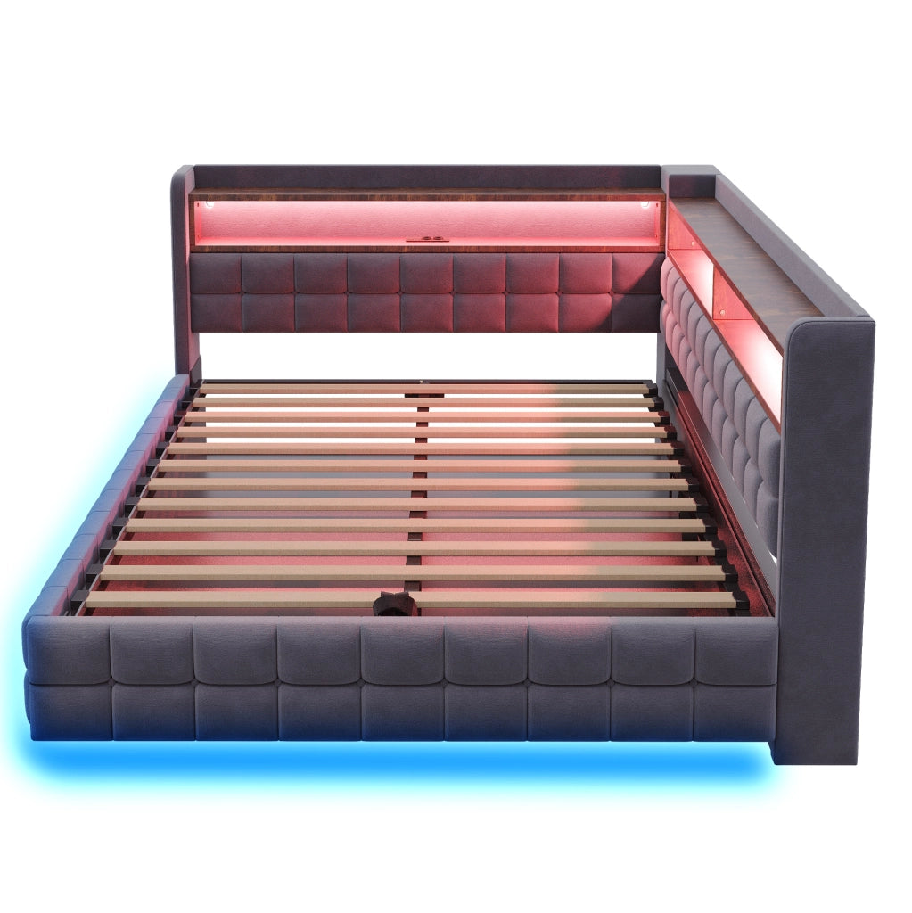 Letto imbottito multifunzionale 140 x 200 cm grigio con vano idraulico e LED