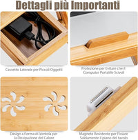 Vassoio per Laptop con Gambe Regolabili e Piano di Dissipazione Termica Inclinabile, Tavolino da Letto Pieghevole con Cassetto Portaoggetti per Leggere, Scrivere e Mangiare (Legno)