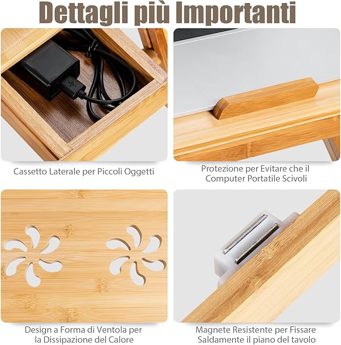 Vassoio per Laptop con Gambe Regolabili e Piano di Dissipazione Termica Inclinabile, Tavolino da Letto Pieghevole con Cassetto Portaoggetti per Leggere, Scrivere e Mangiare (Legno)