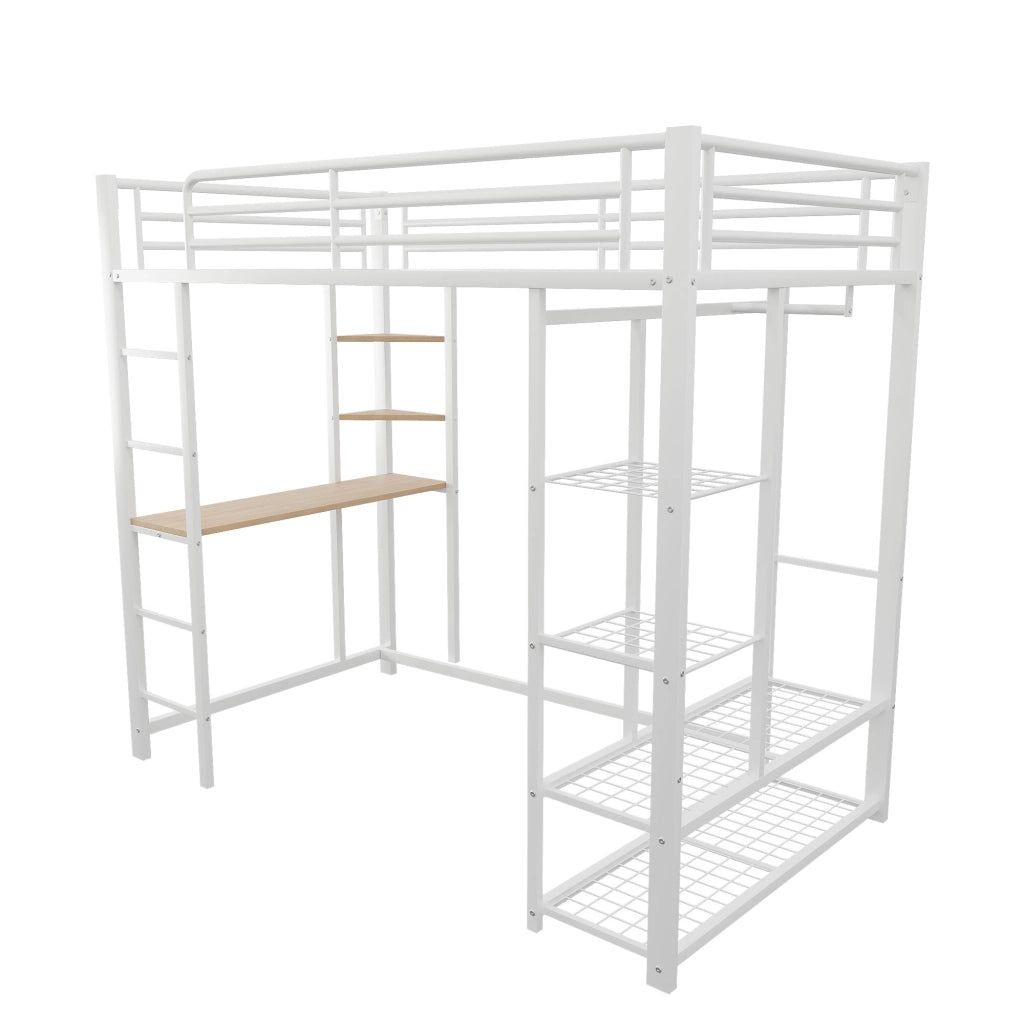 Letto a Soppalco Singolo con Scrivania; Armadio e Ripiani; 90 x 200 cm; senza Materasso; Bianco