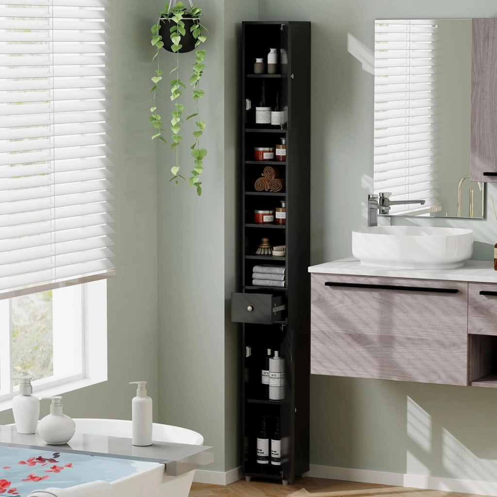 Armadio da Bagno Sottile e Alto con Ante, Mobiletto Bagno Salvaspazio Cassetto e Ripiani Regolabili, Design Moderno, 20 x 20 x 180 cm, 4 Colori