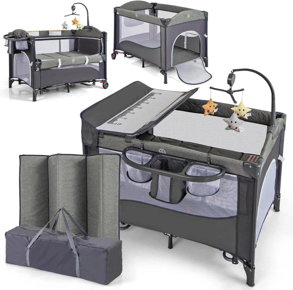 5-in-1 Lettino da Campeggio con Materasso, Lettino per Bambini con Fasciatoio, Lettino Pieghevole e Portabile, Altezza Regolabile in 5 Livelli, per Bambini 0-36 Mesi (Grigio+Grigio Scuro)