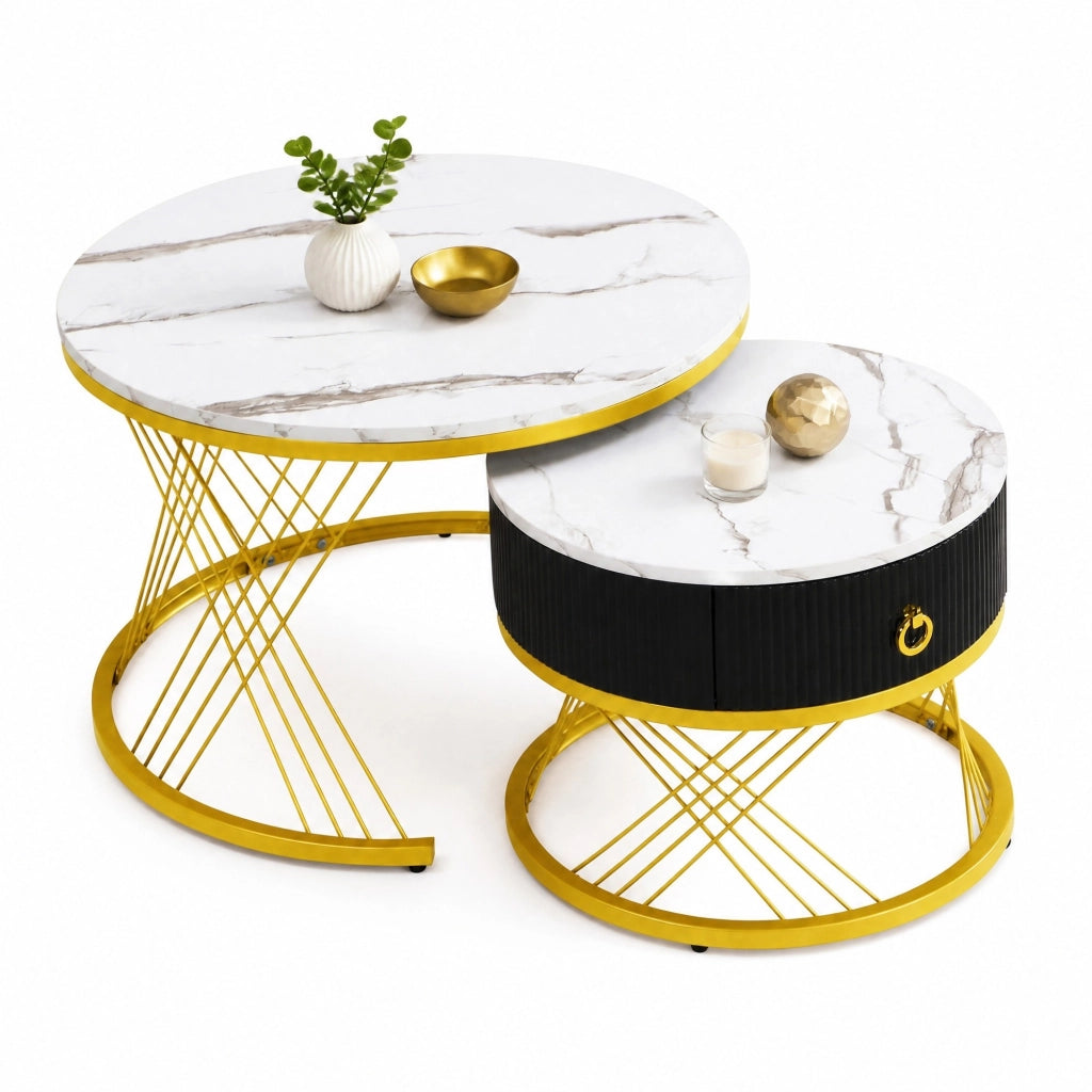 Set 2 tavolini da caffè impilabili con cassetto; effetto marmo; MDF bianco e dettagli oro