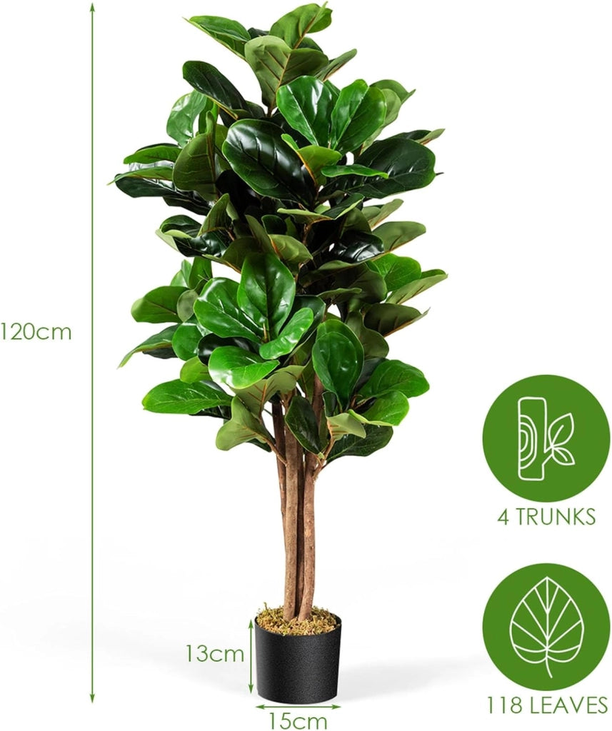 Ficus Lyrata Artificiale da 1,2 Metri, Pianta Finta con Foglie Realistiche in PEVA, Pianta Artificiale da Interno ed Esterno con Vaso in PP, Ideale per Casa e Ufficio