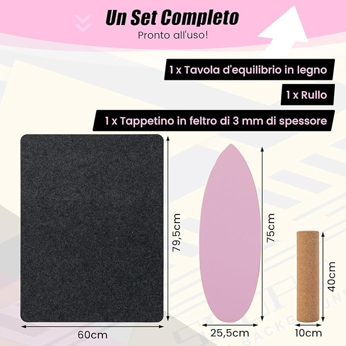 Balance Board in Legno, Tavola di Equilibrio con Rullo e Tappetino per Allenamento Skateboard Hockey Snowboard Surfing, Attrezzi 3 in 1 per Esercizi Equilibrio e Tonificazione Core