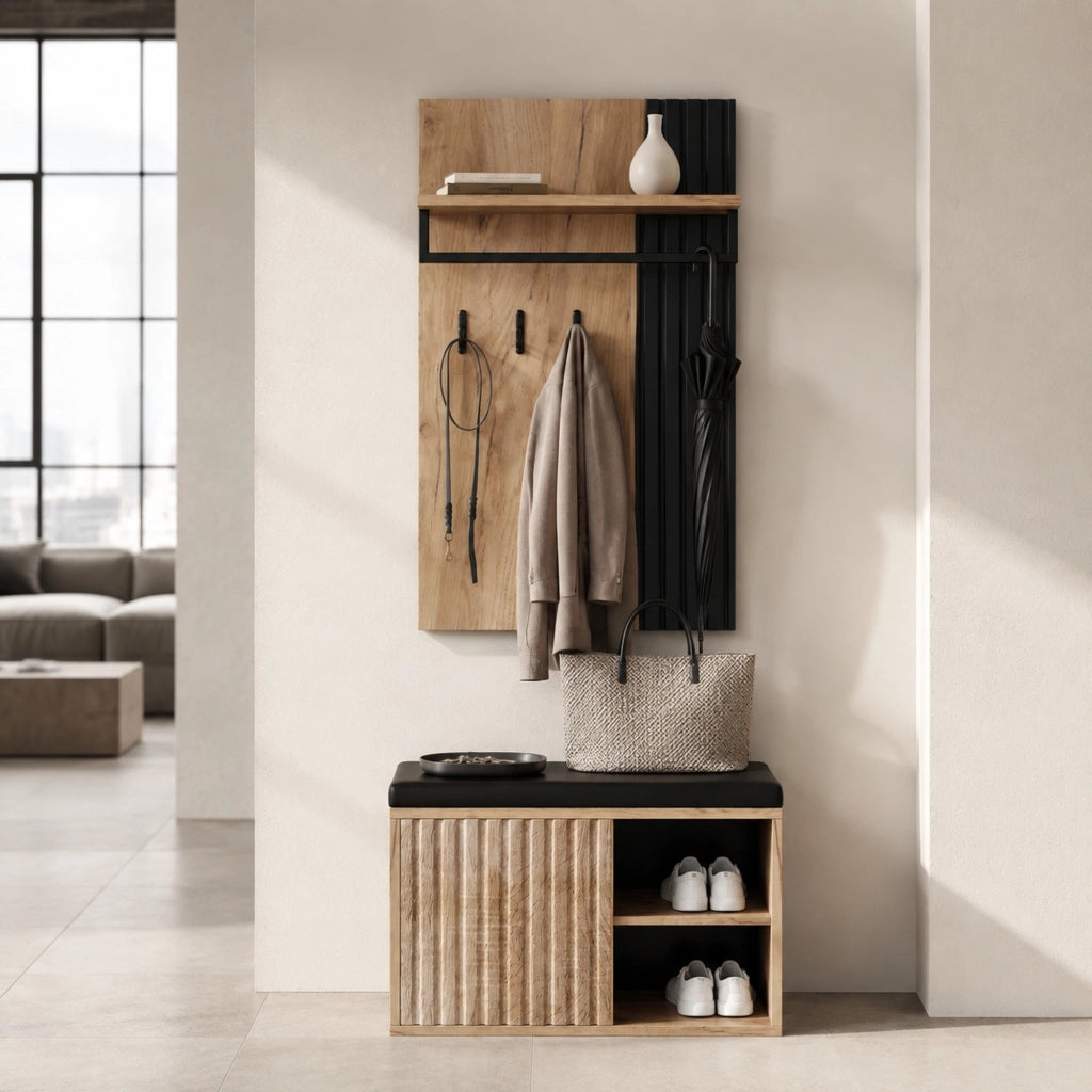 Mobile ingresso con scarpiera; 3 ganci e panca imbottita; 70×36×146 cm; nero e naturale