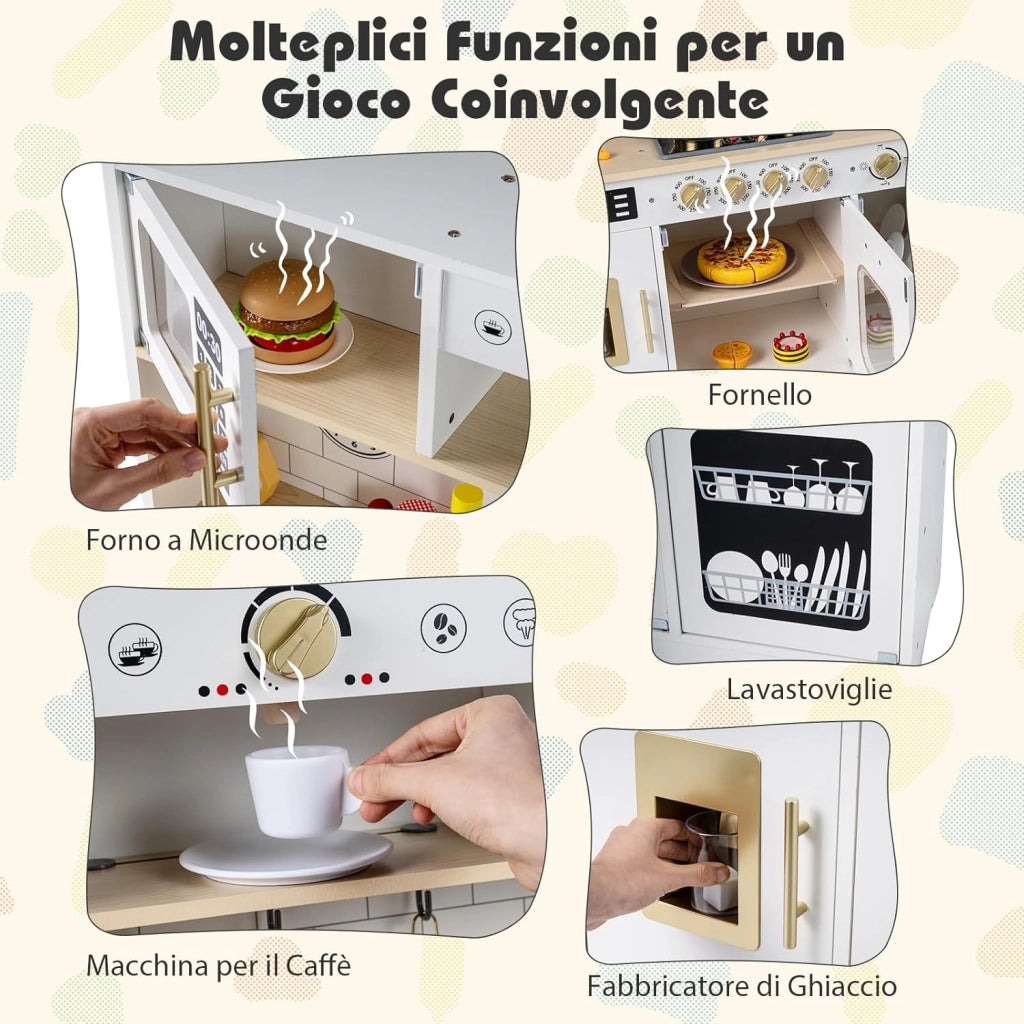 Cucina Giocattolo per Bambini, Set Cucina in Legno con Luci e Suoni Realistici, Fornelli, Lavandino, Rubinetto, Forno, Microonde e Macchina del Caffè, per Bambini 3+ Anni (Bianco)