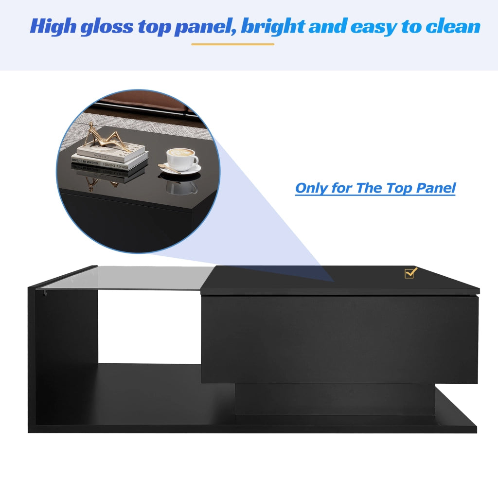 TAVOLO da caffè 100x50x32 cm nero lucido con vetro, cassetto e LED
