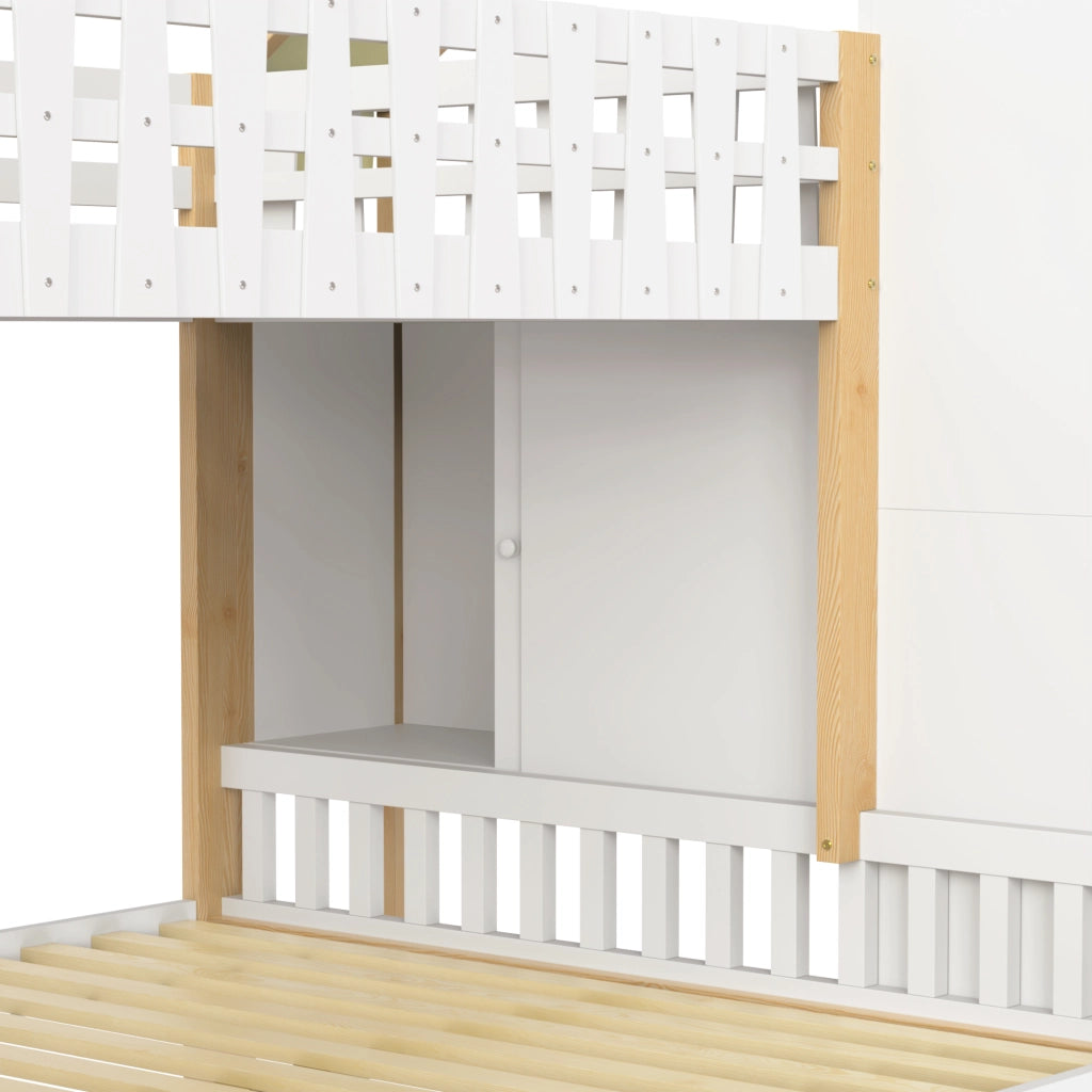 Letto a castello 90×200 cm e 140×200 cm con scala contenitore; barriera e 2 cassetti; senza materasso