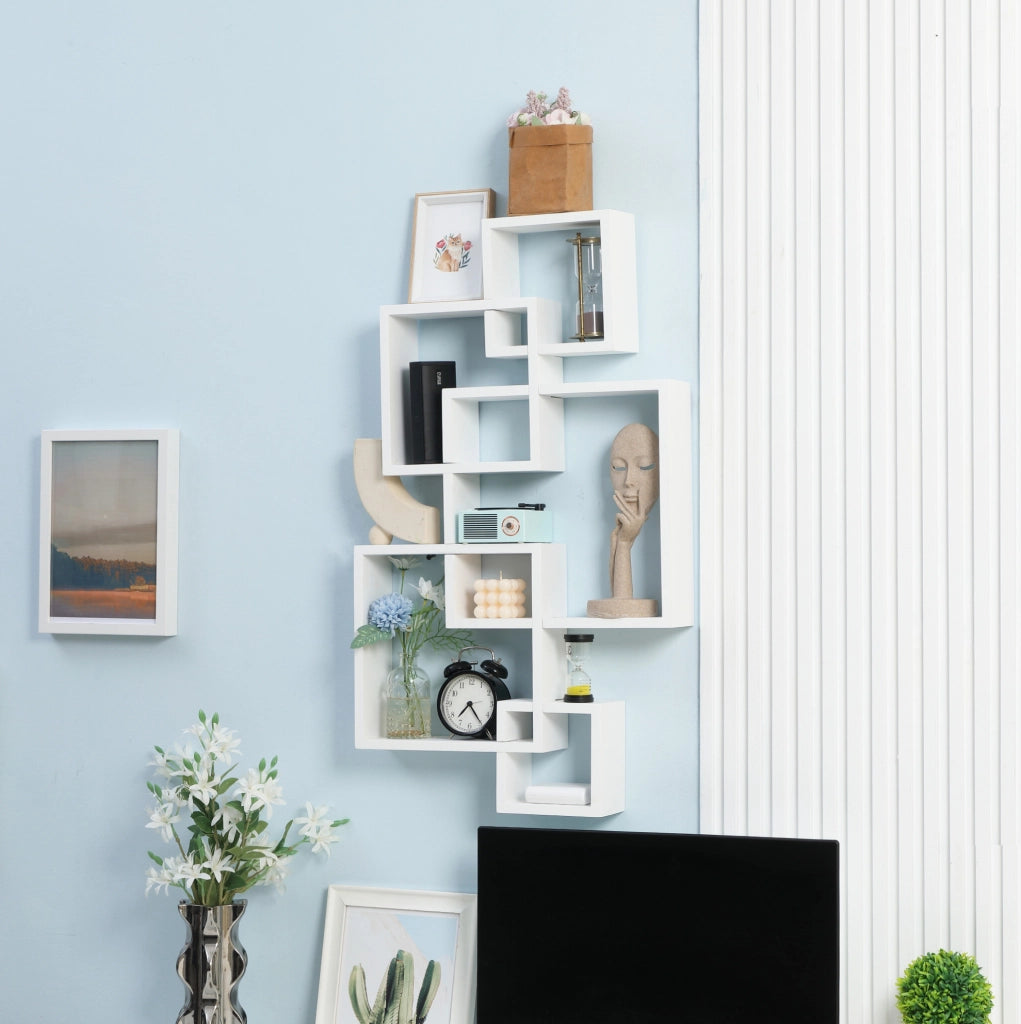 Scaffale da parete bianco in legno di abete con 9 vani