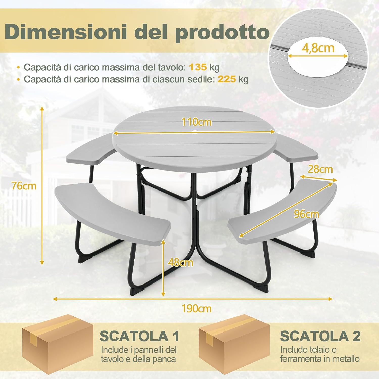 Set Tavolo da Picnic con 8 Posti, Tavolo da Picnic Rotondo con 4 Panche e Foro per Ombrellone, Tavolo da Campeggio Resistente in Metallo, per Giardino, Cortile, Patio (Grigio)