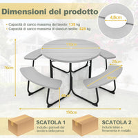 Set Tavolo da Picnic con 8 Posti, Tavolo da Picnic Rotondo con 4 Panche e Foro per Ombrellone, Tavolo da Campeggio Resistente in Metallo, per Giardino, Cortile, Patio (Grigio)