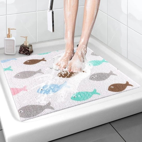 Mat antiscivolo per bagni, 60x60 cm, con fori di drenaggio, morbido, con superficie Luffa PVC, mat per massaggi in zone umide, rapidamente asciugante, stampato digitalmente