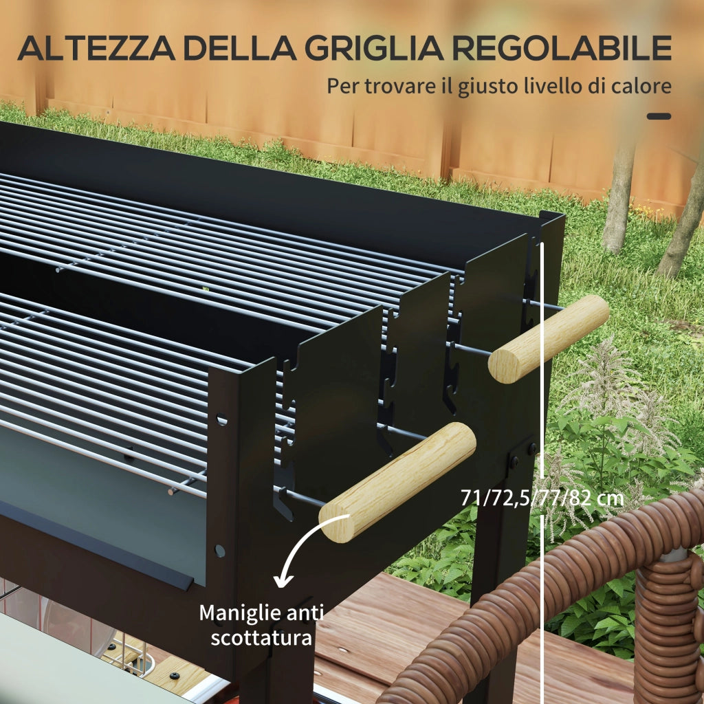Barbecue a Carbonella ad Altezza Regolabile con 2 Griglie e 2 Ripiani. in Metallo e Legno. 113x53.5x82.5 cm. Nera
