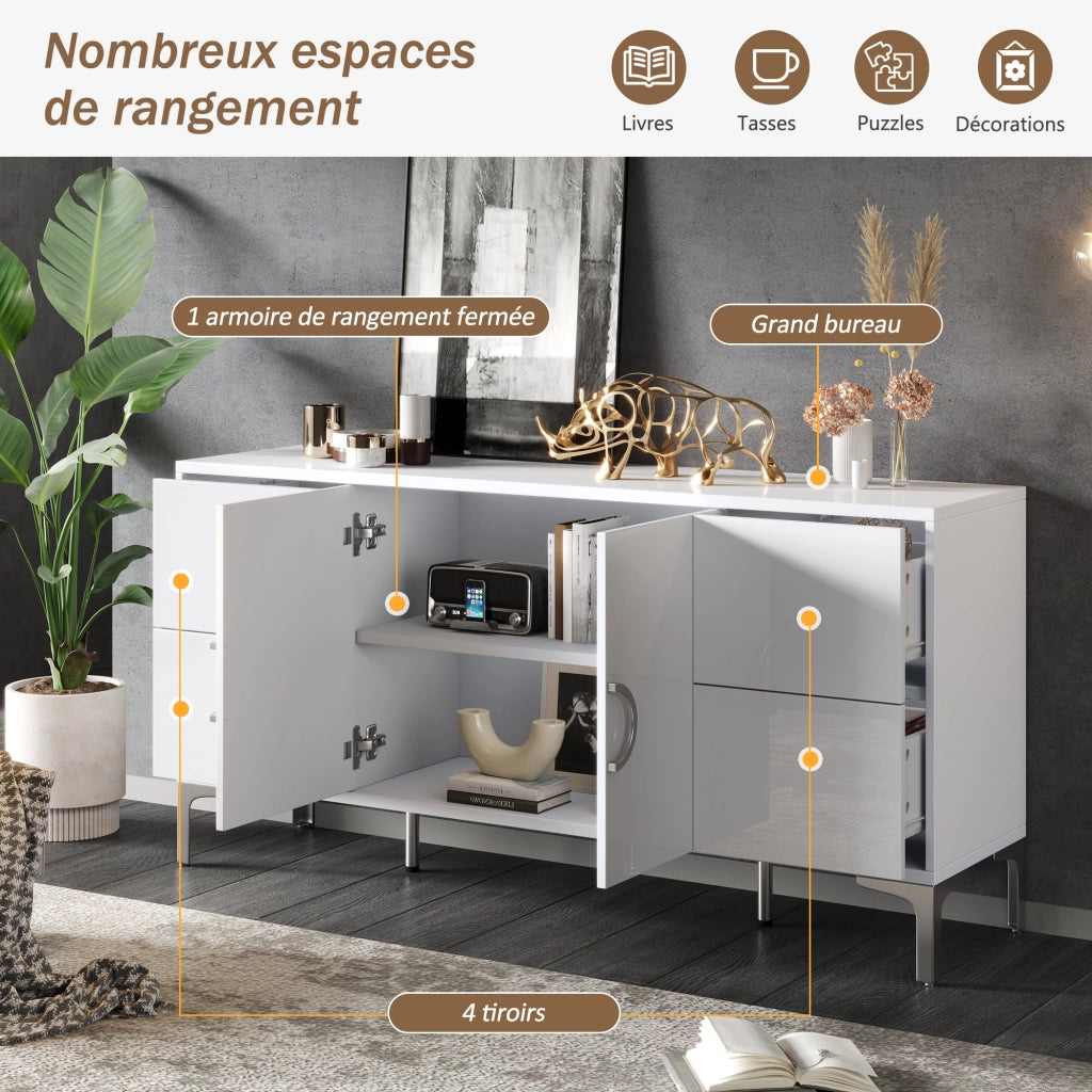 Credenza con 4 cassetti e 2 ante - per soggiorno - in MDF - 150x38x59.5 cm - bianco