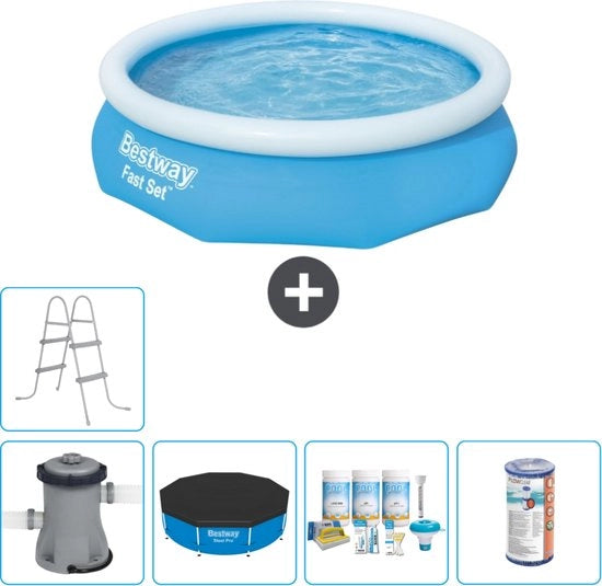 Piscina Opblaasbar Rond Fast Set - 305 x 76 cm - Blu - Inclusa Pomp Copertura - Kit Manutenzione - Filtro - Scale