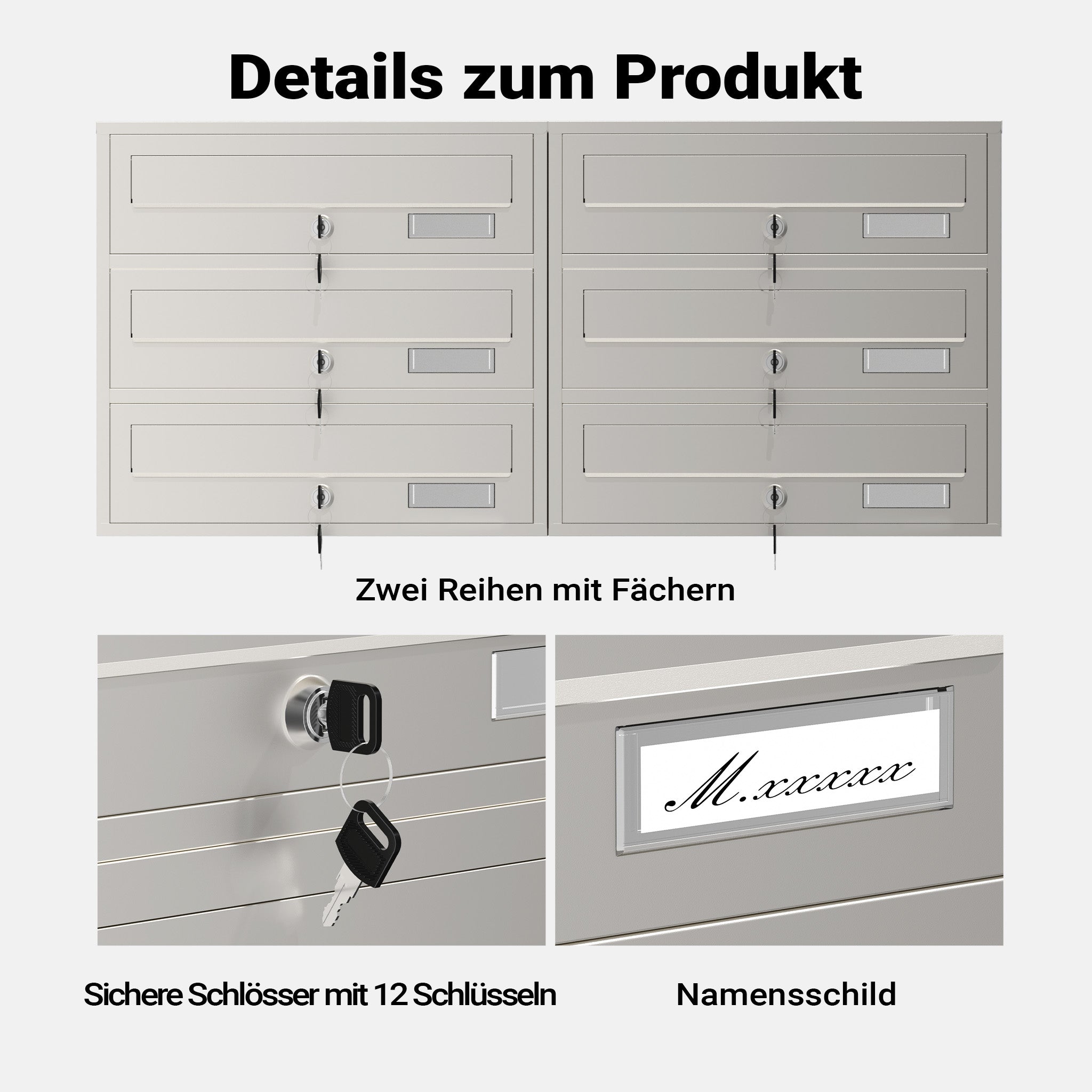 Cassetta postale condominiale autoportante, 6 posti, acciaio inox, 945 x 270 x 1200 mm, 2 moduli