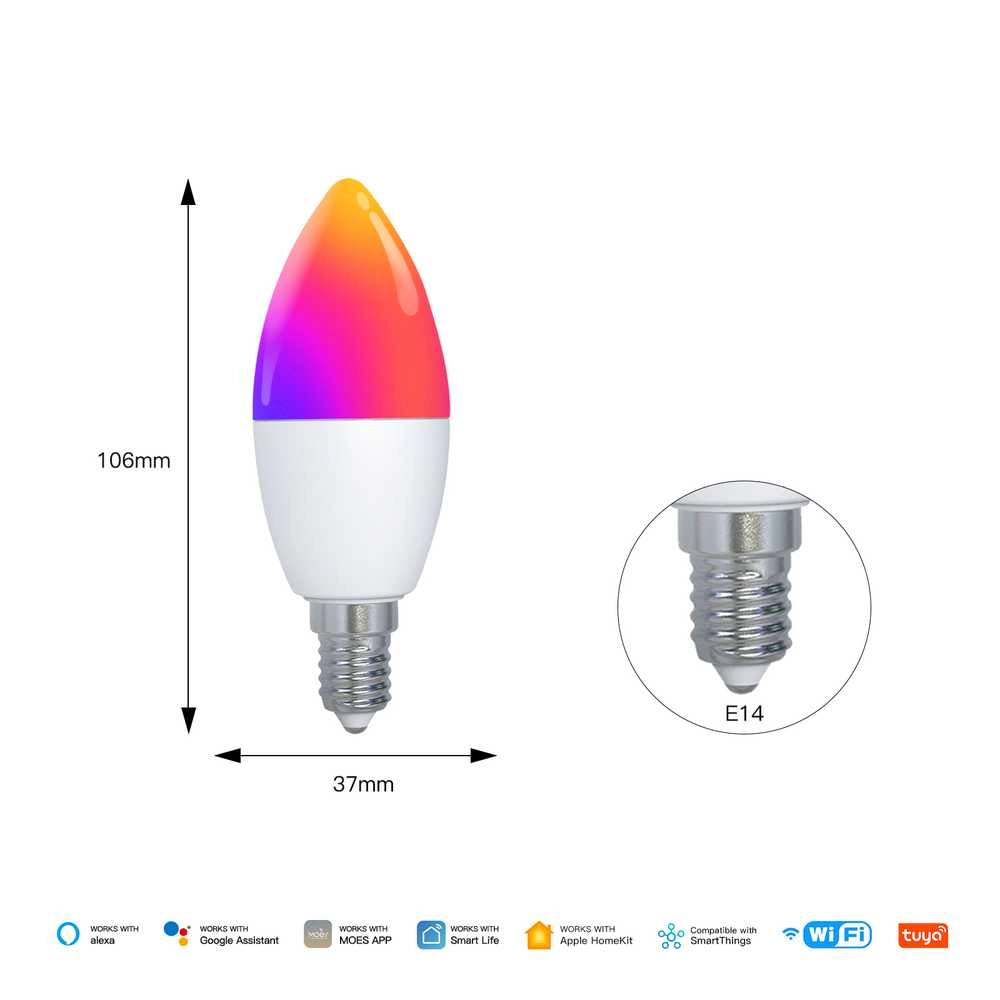 Lampada Led Matter E14, RGB+CW, Matter WIFI 2.4G TUYA, Smart Life, Apple Home, Google Home, Alexa, SmartThings, AC 90-250V, 50/60HZ, 6W, 37X106mm, IP20, MU11406