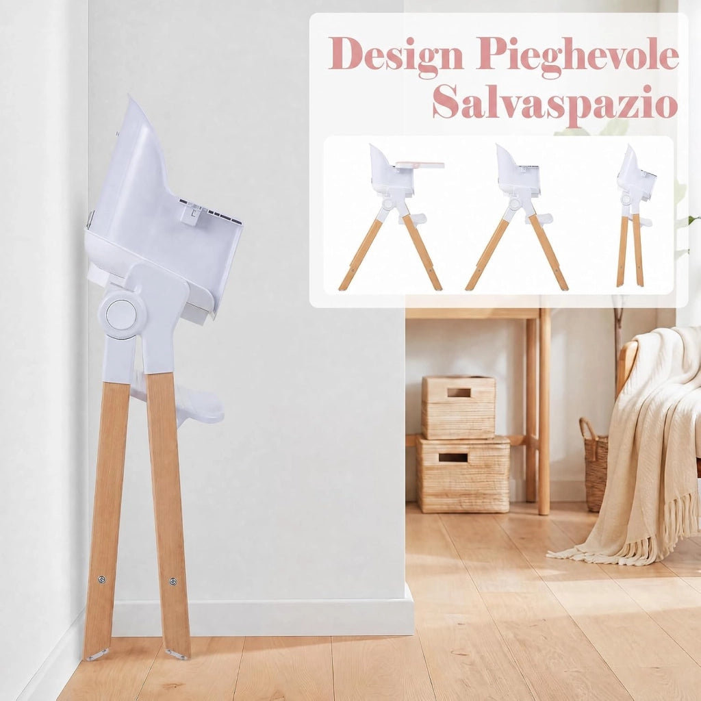 Seggiolone Pappa Pieghevole 4 in 1 con Cuscino di Seduta (Rosa) | Seggiolone per Neonati 6-36 Mesi con Vassoi Rimovibili, Portabicchieri, Cintura di Sicurezza e Gambe in Legno