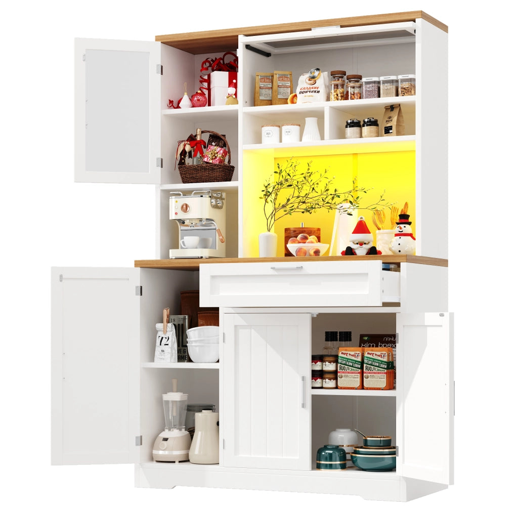 Vetrina da cucina alta con 5 ante e 1 cassetto con LED per cucina o soggiorno in MDF 104x40x180 cm Bianco