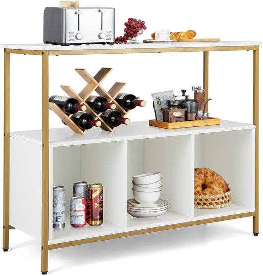 Credenza Buffet, Credenza a 3 Livelli in Legno con Mensola Aperta, 3 Scomparti, Mobile da Cucina con Telaio in Acciaio, per Sala da pranzo, Soggiorno, Cucina (Bianco)