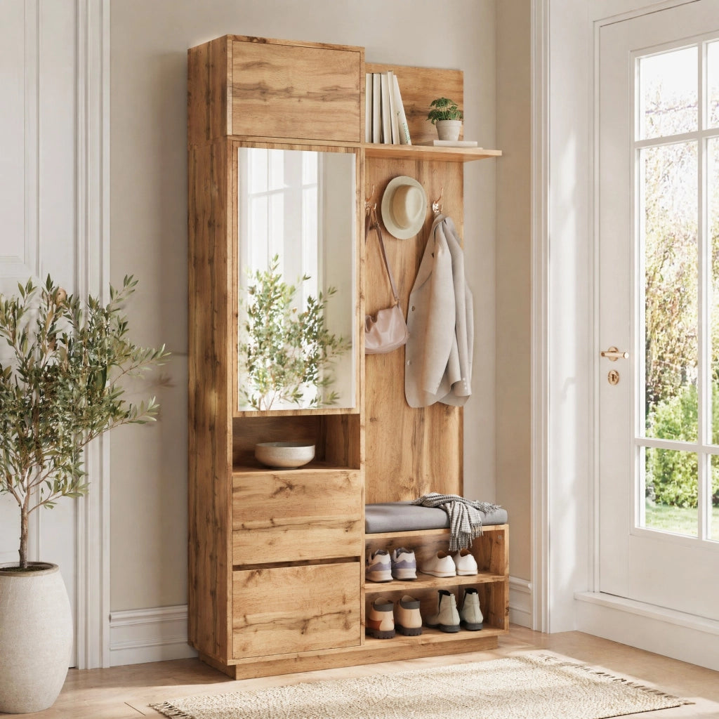 Mobile da ingresso con armadio con specchio, panca portascarpe, cassetti e ganci, in MDF naturale