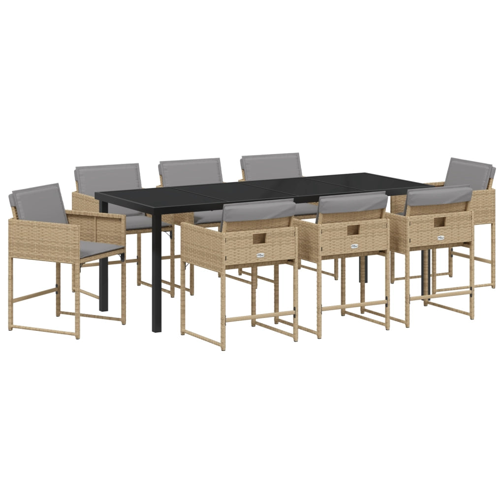 Set da Pranzo da Giardino 9 Pezzi con Cuscini Polyrattan Beige