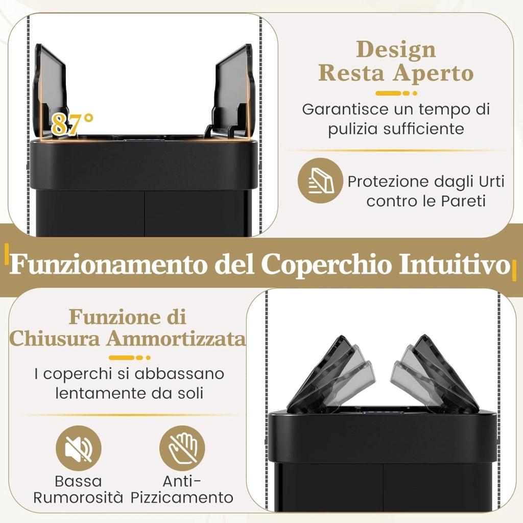 60L Cestino per Rifiuti con Coperchi a Ali, Pattumiera in Acciaio Inox Spazzolato con Sensore di Movimento a Infrarossi, Bidone Automatico per Camera da Letto, Bagno e Cucina (Nero)