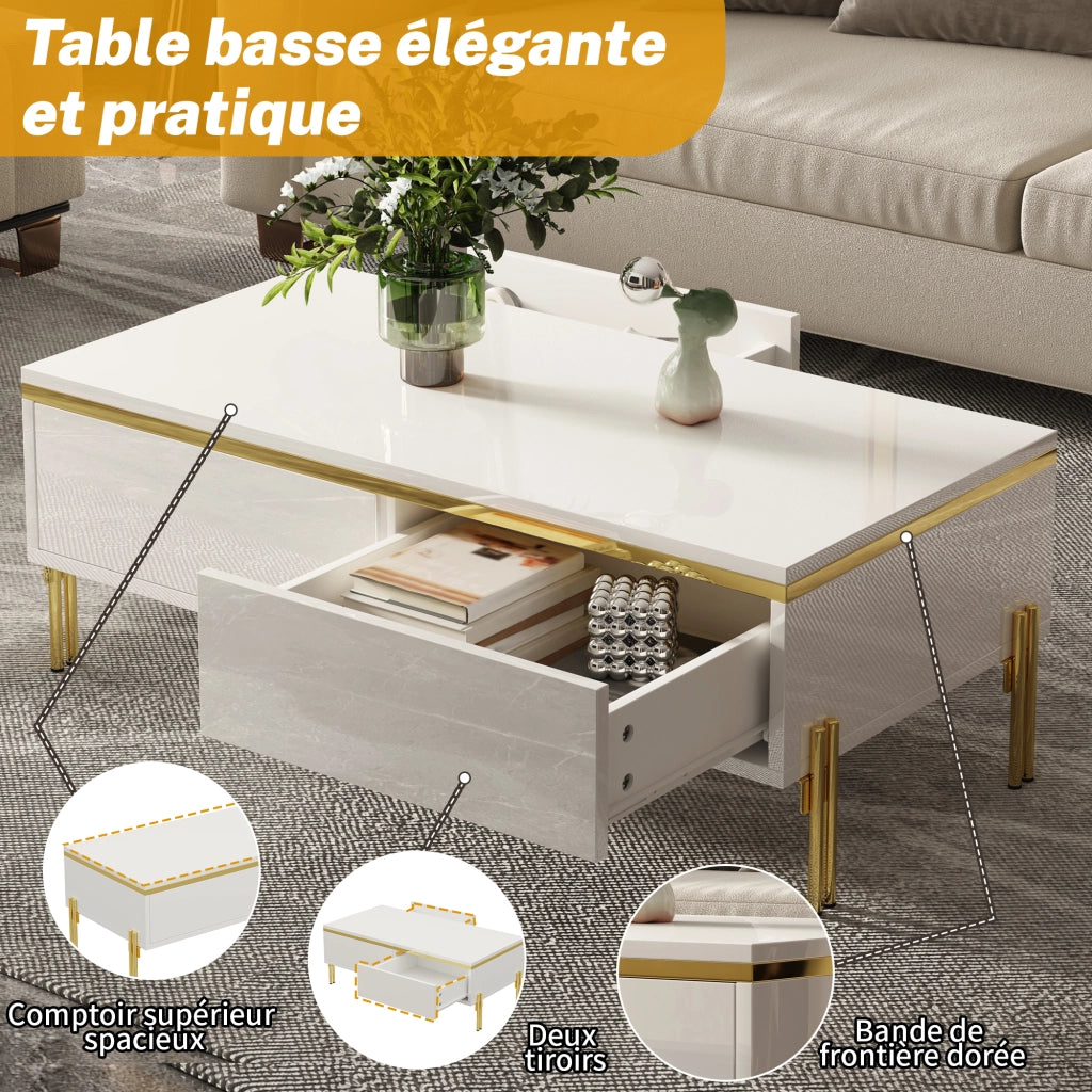 Tavolino da Caffè con 2 Cassetti su Entrambi i Lati; Bianco Lucido e Dettagli Dorati; Stile Moderno; in Pannello Truciolare; Bianco