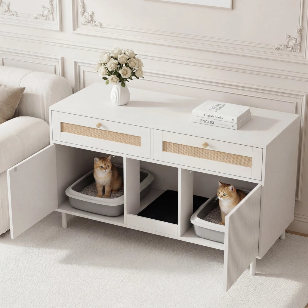 Mobile coperto per lettiera per gatti con 2 ante e cassetto, per soggiorno e ingresso, in MDF bianco 120 × 50 × 65 cm