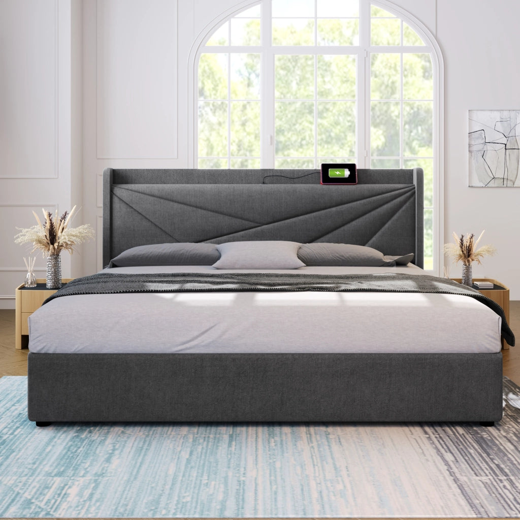 Letto matrimoniale contenitore con USB e Tipo-C, testiera geometrica, 160x200 cm, grigio