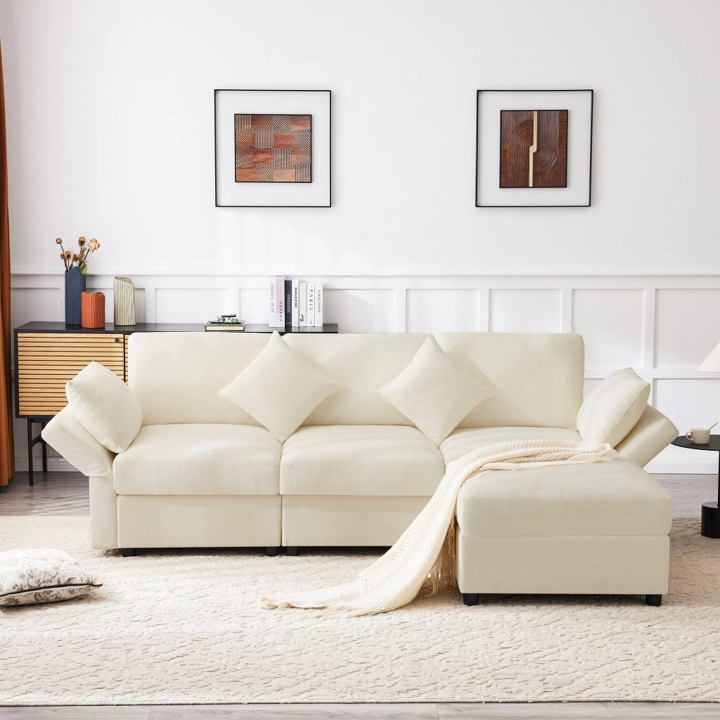 Divano angolare 3 posti con pouf mobile, braccioli regolabili e 4 cuscini, seduta a molle, in ciniglia beige