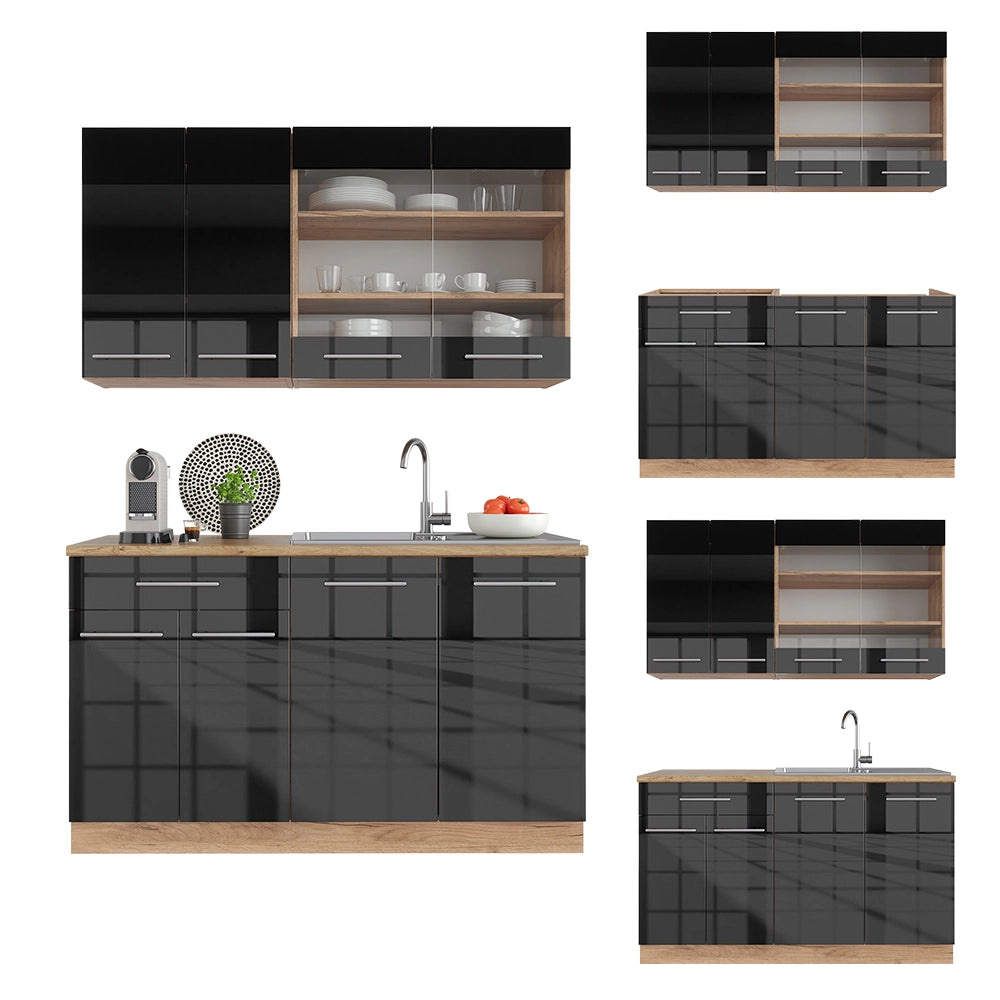 Vicco Cucina completa Antracite lucido/oro power oak 140 cm senza piano di lavoro