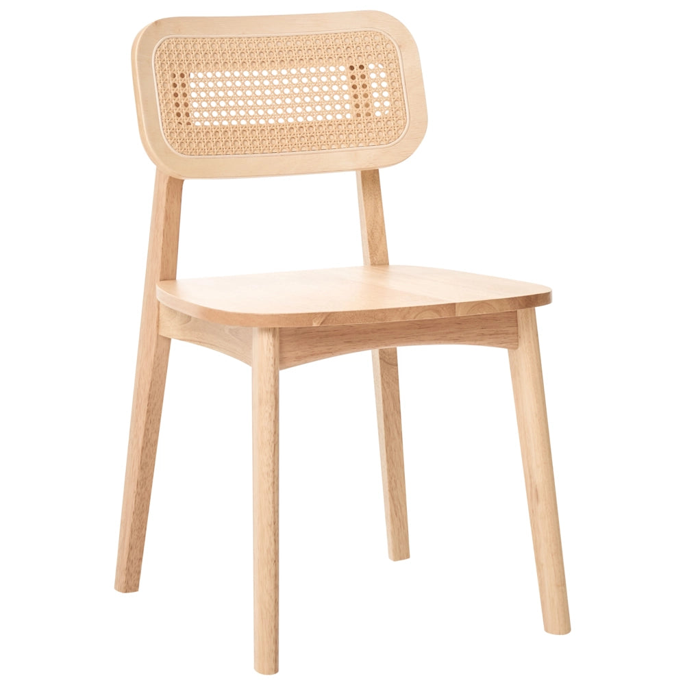 Set di 2 sedie da pranzo con struttura in legno di gomma marrone chiaro schienale in rattan senza braccioli design retrò