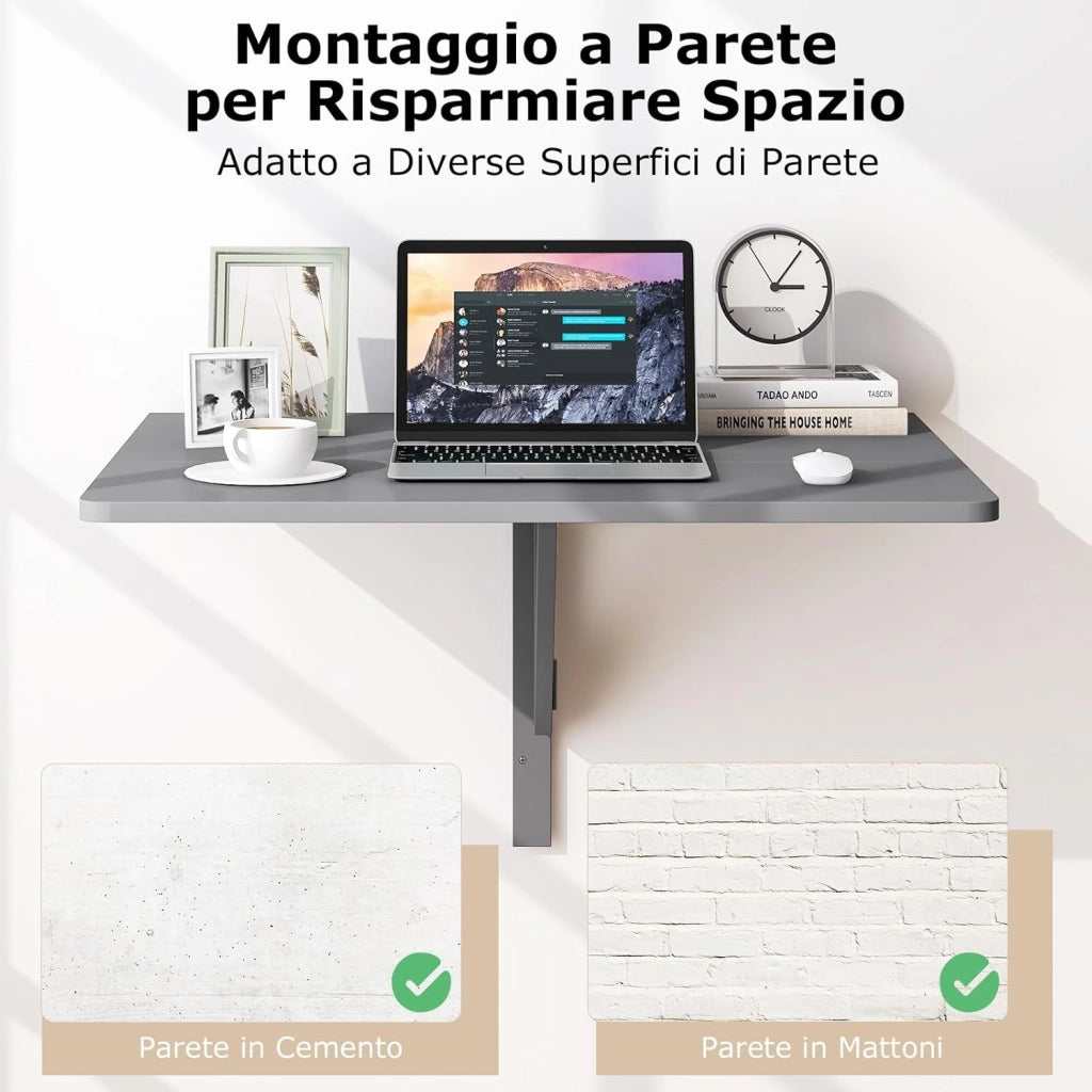 Tavolo Pieghevole a Muro, Tavolino Porta PC da Parete in Legno, Tavolo a Scomparsa Multifunzionale, Ideale per Soggiorno, Cucina e Studio, 80 x 60 x 45 cm (Grigio)