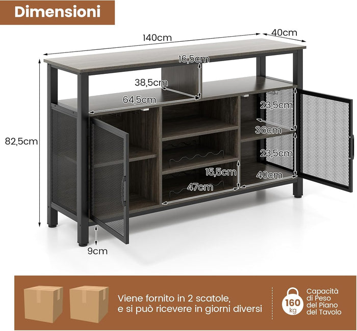 Mobiletto Portabottiglie, Credenza Cucina con Porta Bottiglie di Vino, Mensola Aperta, per Soggiorno, Cucina, Bar, 140 x 40 x 82,5 cm (Grigio)