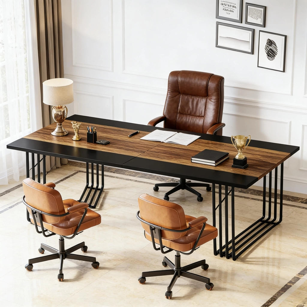 Tavolo rettangolare multifunzione 200x100x75 cm, struttura in metallo, MDF, colore nero e marrone rustico