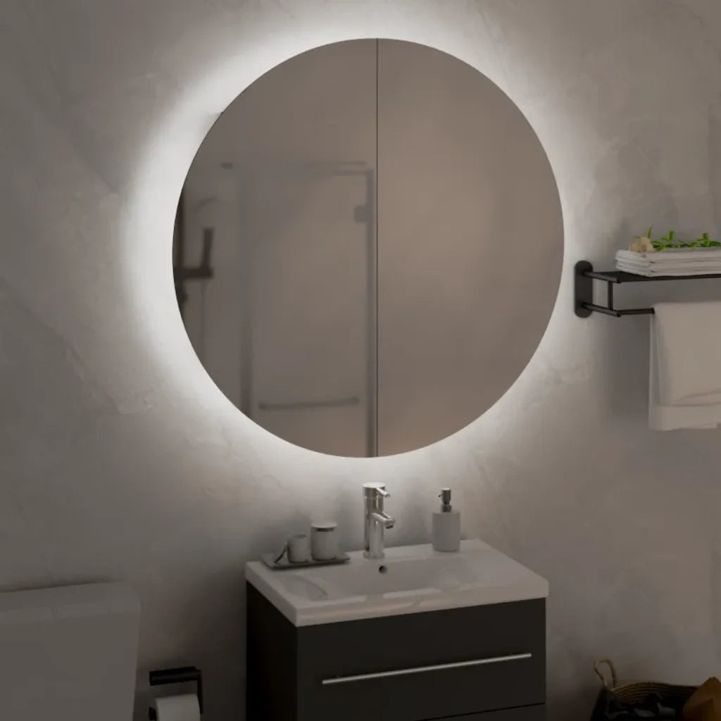 Armadio da Bagno con Specchio Rotondo e LED Rovere 54x54x17,5cmcod mxl 81290