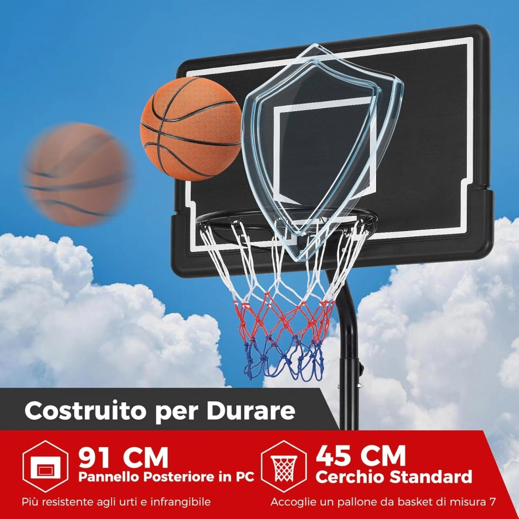 Canestro da Basket Portatile e Regolabile da 2,1 a 2,6 m, Canestro da Basket da Interno e Esterno con Base Riempibile, Tabellone in Policarbonato Antiproiettile e Ruote