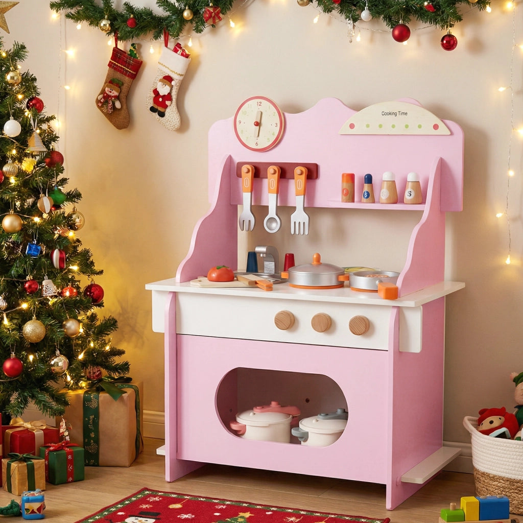 Cucina giocattolo legno bambini finzione orologio fornello porta spezie-Cucina rubinetto lavandino forno accessori completi bambini 3+anni Rosa