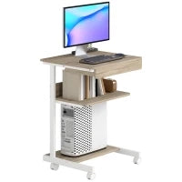 Scrivania PC con Cassetto Scorrevole, 2 Ripiani e 4 Rotelle, in Legno e Metallo, 56x51x79 cm, Bianco e Rovere