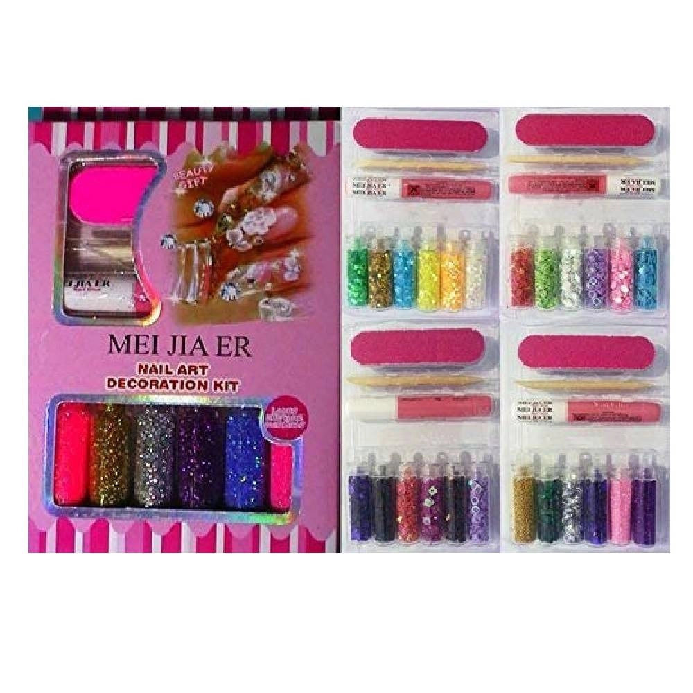 Trade Shop - Kit 6pz Decorazioni Unghie+lima+colla+spingicuticole Glitter Polverina Strass Nail Art -