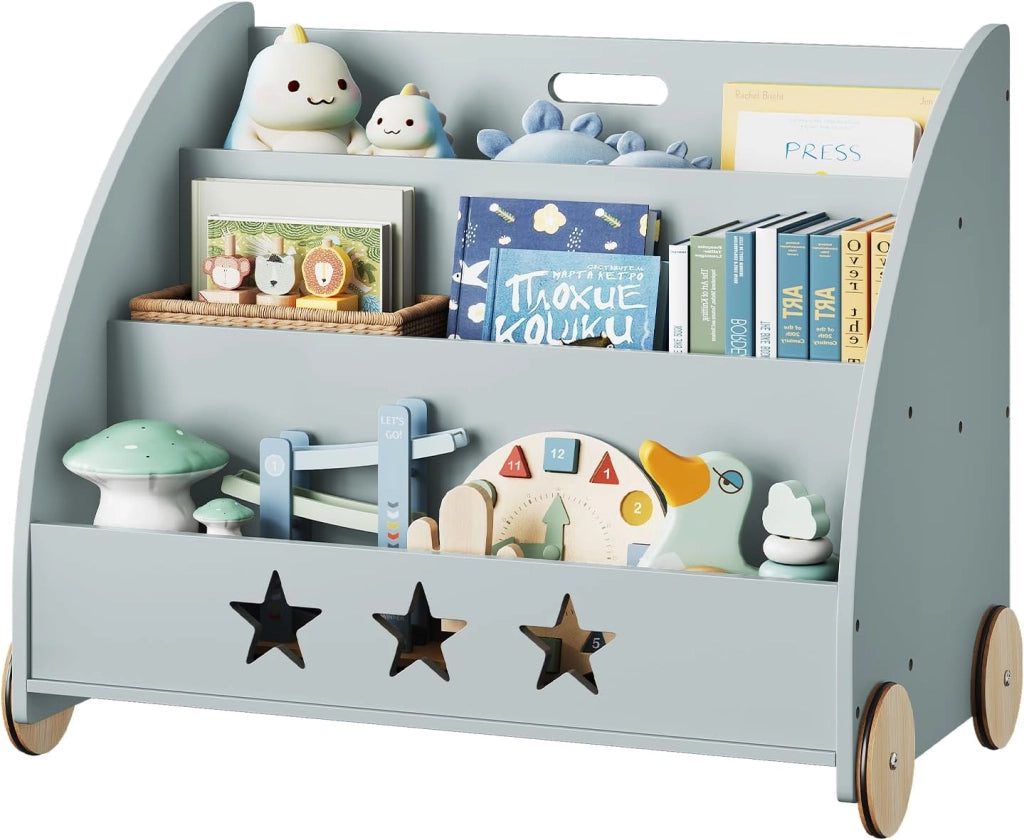 Libreria Piccola in Legno per Bambini, Scaffale Porta Giochi con Contenitore e Ruote, Organizzatore per Cameretta, Grigio 62x42x57cm