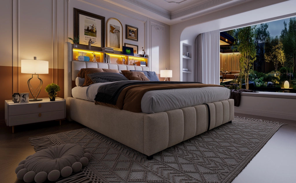 DESMIU Lit adulto 180 × 200 cm con LED, USB e Type-C, contenitore idraulico, senza materasso, beige