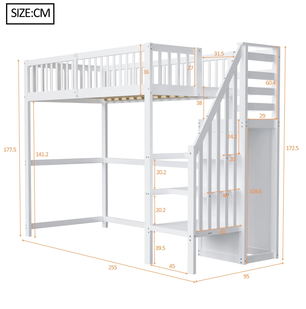 Hochbett singolo 90x200 cm in legno bianco con scala sicura e armadio integrato