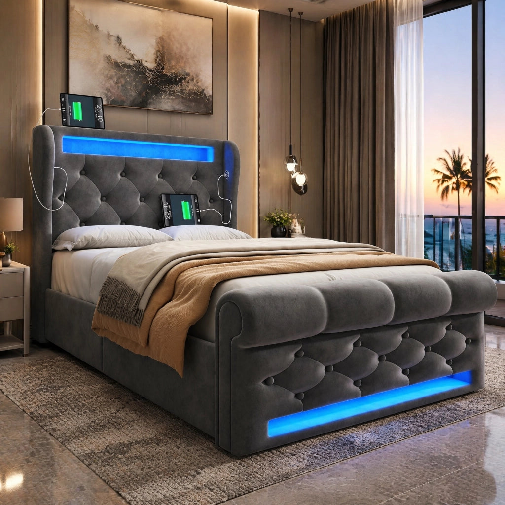 LETTO imbottito contenitore 90x200 cm velluto grigio con LED e USB + Type-C