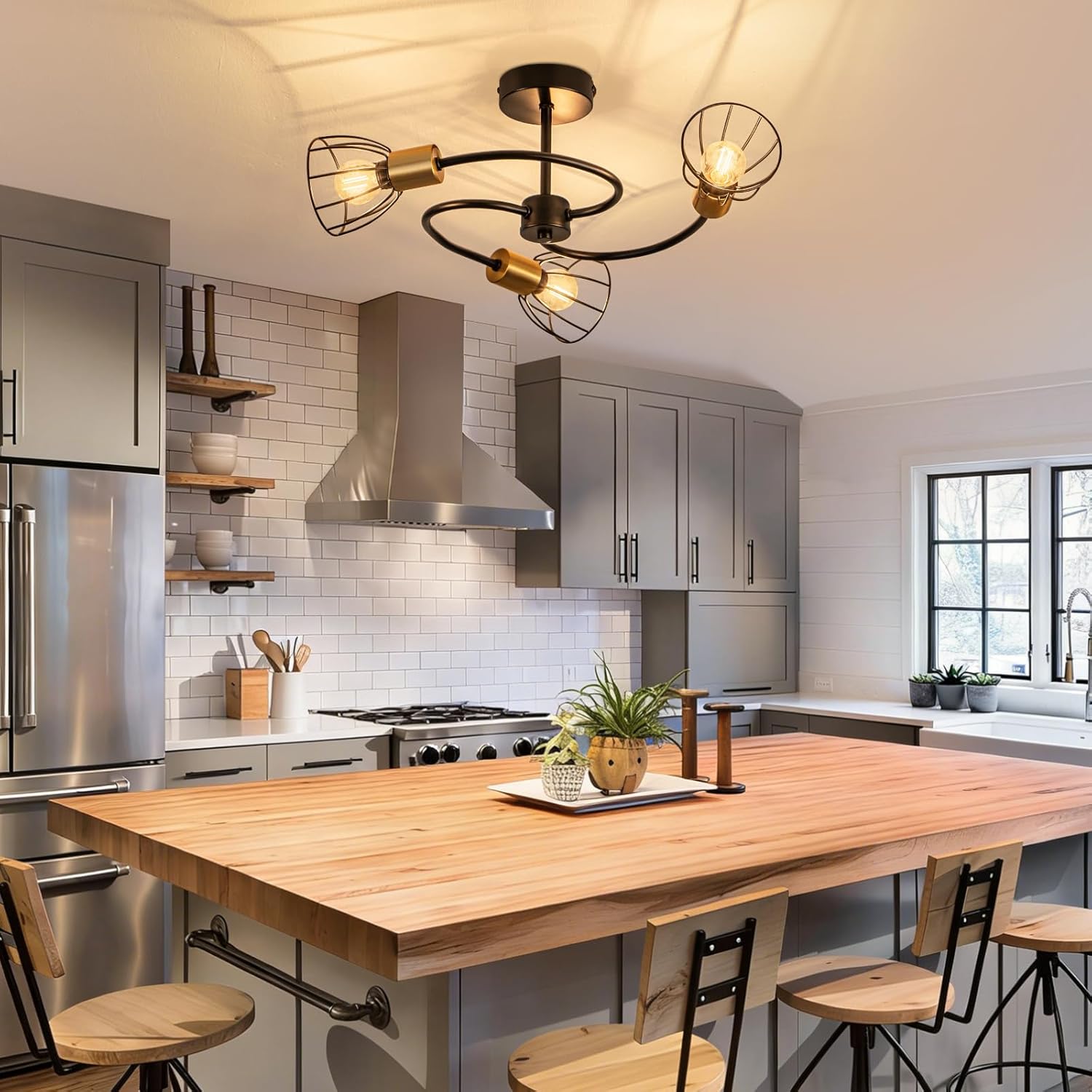 ZMH Lampada da soffitto vintage nera 3 luci E14 metallo per soggiorno cucina